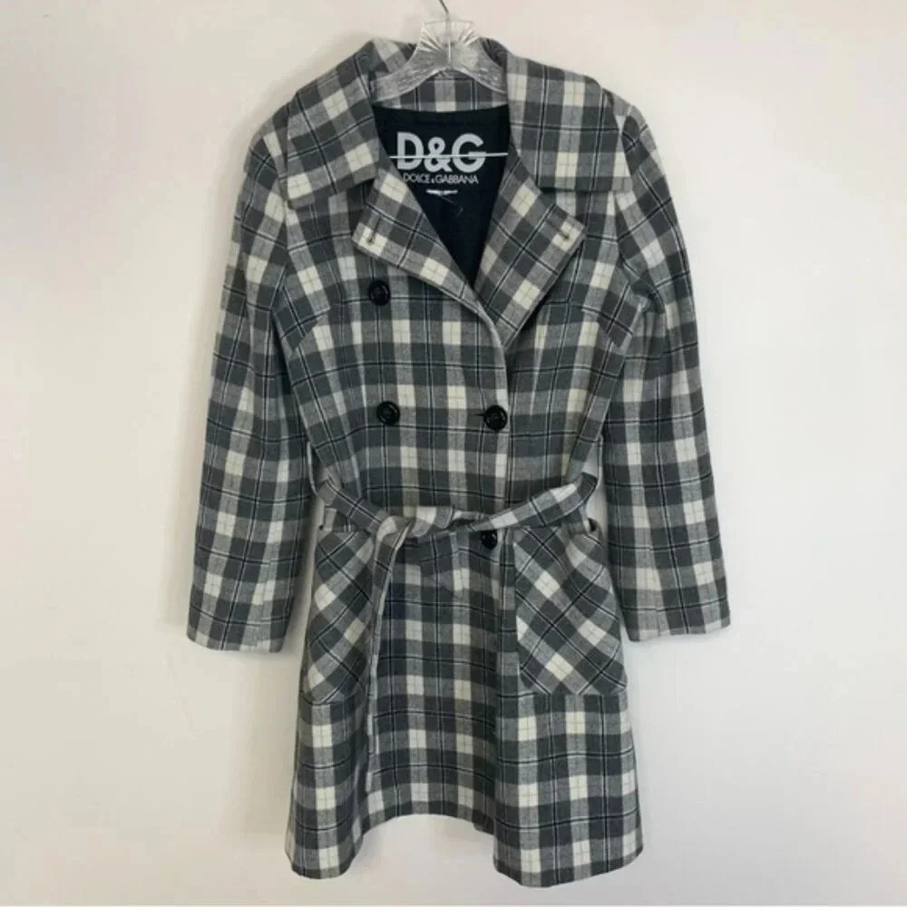 Dolce & Gabbana Vintage Wool Grey Check Belted Coat